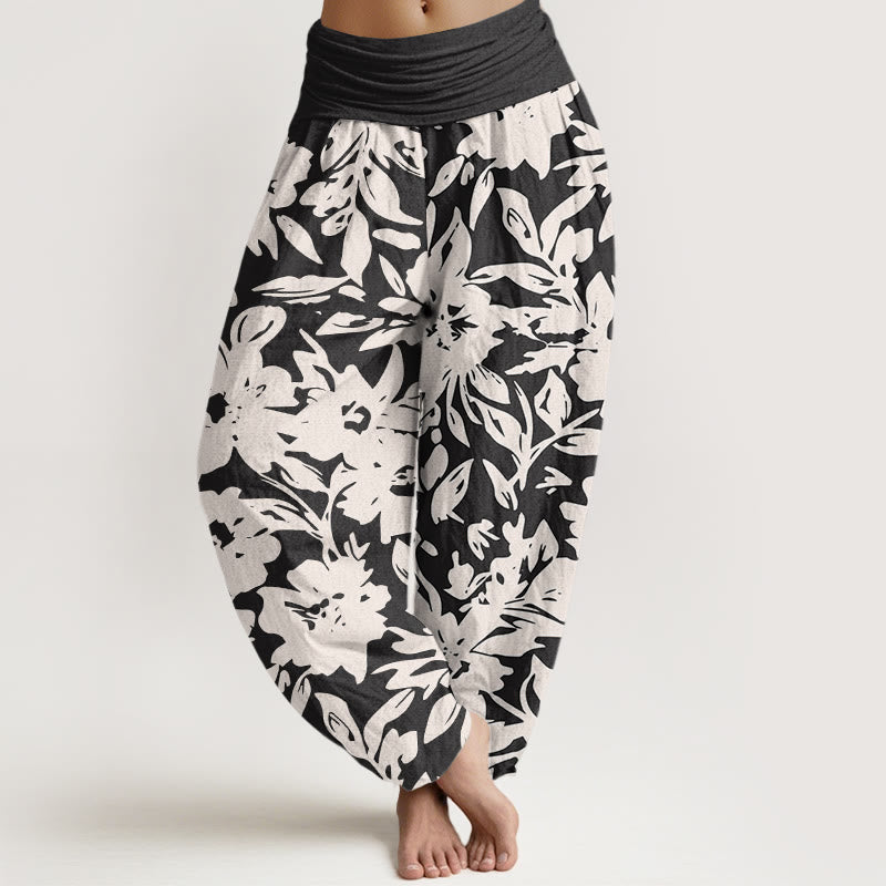 Buddha Stones Casual Large Blooms Lush Foliage Pattern Women's Elastic Waist Harem Pants - Black - US22，UK/AU26，EU54 (6XL) - image 0