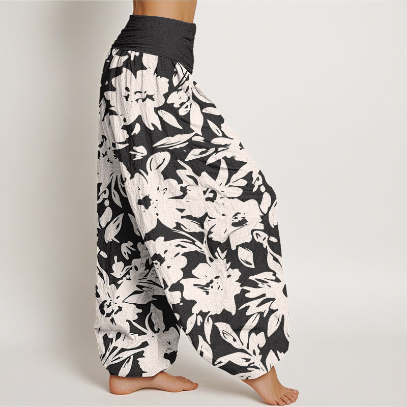 Buddha Stones Casual Large Blooms Lush Foliage Pattern Women's Elastic Waist Harem Pants - image 1