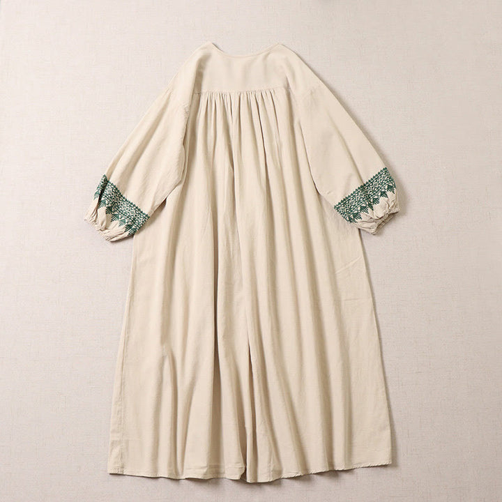 Buddha Stones Casual Artistic Geometric Embroidery Button Front Long Lantern Sleeve Cotton Linen Midi Dress - image 8