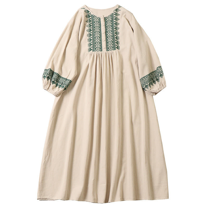 Buddha Stones Casual Artistic Geometric Embroidery Button Front Long Lantern Sleeve Cotton Linen Midi Dress - image 20