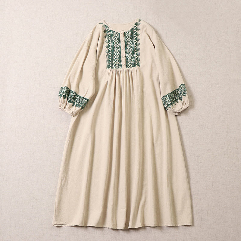 Buddha Stones Casual Artistic Geometric Embroidery Button Front Long Lantern Sleeve Cotton Linen Midi Dress - Beige - US8-10，UK/AU12-14，EU40-42 (2XL) - image 7