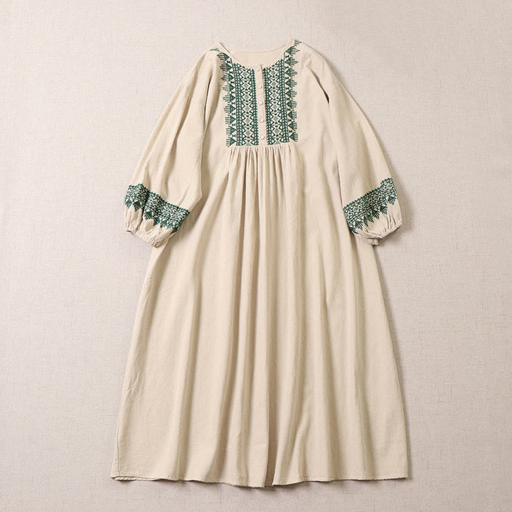 Buddha Stones Casual Artistic Geometric Embroidery Button Front Long Lantern Sleeve Cotton Linen Midi Dress - Beige - US8-10，UK/AU12-14，EU40-42 (2XL) - image 7