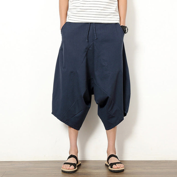 Buddha Stones Spring Plain Simple Patchwork Design Drawstring Cotton Linen Men's 7-8 Length Wide Leg Pants With Pockets - DarkSlateBlue - US/UK/AU46，EU56 (5XL) - image 0