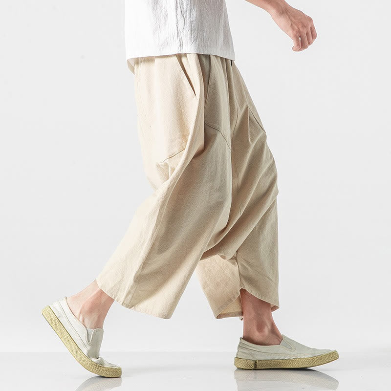 Buddha Stones Casual Low Crotch Design Drawstring Men's 7-8 Length Cotton Linen Wide Leg Pants With Pockets - image 42