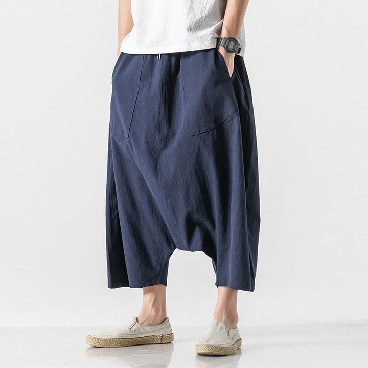 Buddha Stones Casual Low Crotch Design Drawstring Men's 7-8 Length Cotton Linen Wide Leg Pants With Pockets - image 5