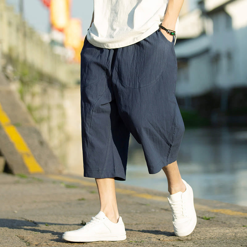 Buddha Stones Summer Plain Pleat Design Drawstring Men's 7-8 Length Cotton Linen Pants With Pockets - DarkSlateBlue - US/UK/AU46，EU56 (5XL) - image 11