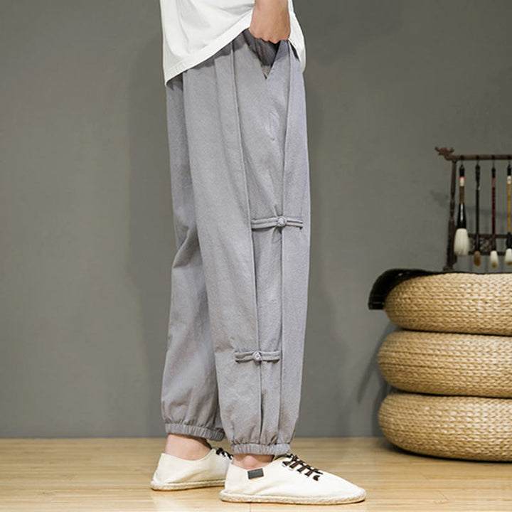 Buddha Stones Summer Vintage Drawstring Chinese Frog-Button Design Men's Cotton Linen Harem Pants With Pockets - image 26