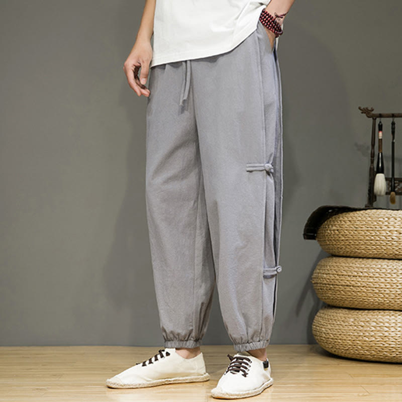 Buddha Stones Summer Vintage Drawstring Chinese Frog-Button Design Men's Cotton Linen Harem Pants With Pockets - image 20