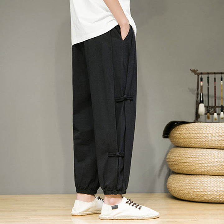 Buddha Stones Summer Vintage Drawstring Chinese Frog-Button Design Men's Cotton Linen Harem Pants With Pockets - image 15