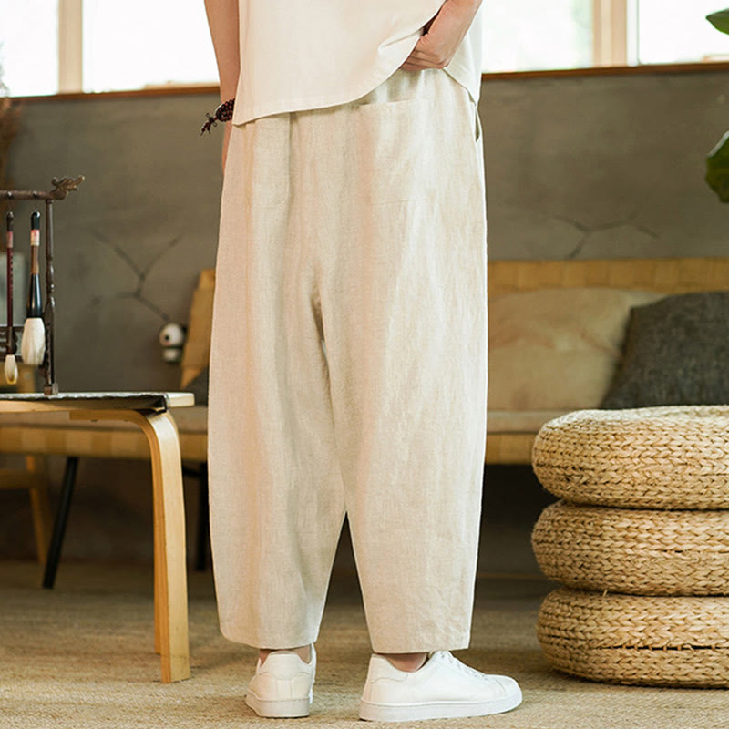 Buddha Stones Casual Retro Solid Color Simple Design Drawstring Men's Linen Elastic Waistband Harem Pants With Pockets - image 3