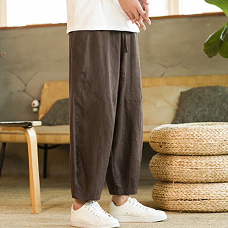 Buddha Stones Casual Retro Solid Color Simple Design Drawstring Men's Linen Elastic Waistband Harem Pants With Pockets - image 27