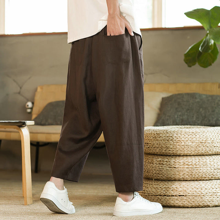 Buddha Stones Casual Retro Solid Color Simple Design Drawstring Men's Linen Elastic Waistband Harem Pants With Pockets - SaddleBrown - US/UK/AU46，EU56 (5XL) - image 21