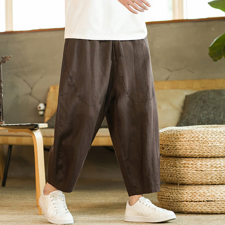 Buddha Stones Casual Retro Solid Color Simple Design Drawstring Men's Linen Elastic Waistband Harem Pants With Pockets - image 26