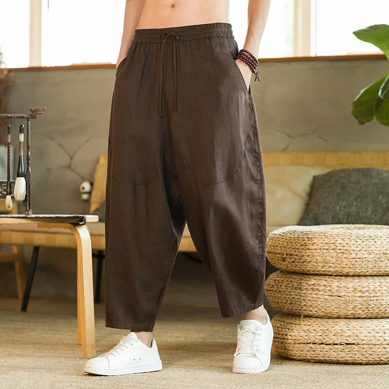 Buddha Stones Casual Retro Solid Color Simple Design Drawstring Men's Linen Elastic Waistband Harem Pants With Pockets - image 29