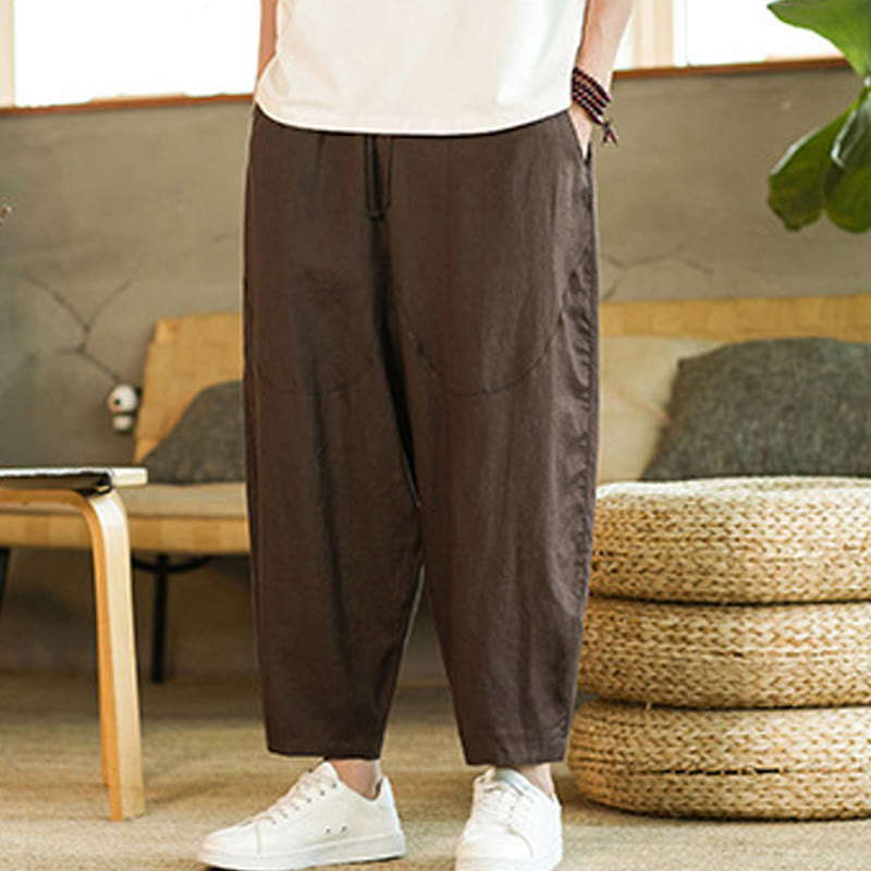 Buddha Stones Casual Retro Solid Color Simple Design Drawstring Men's Linen Elastic Waistband Harem Pants With Pockets - image 24