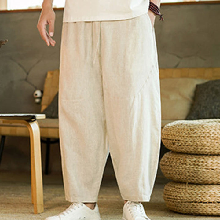 Buddha Stones Casual Retro Solid Color Simple Design Drawstring Men's Linen Elastic Waistband Harem Pants With Pockets - image 7