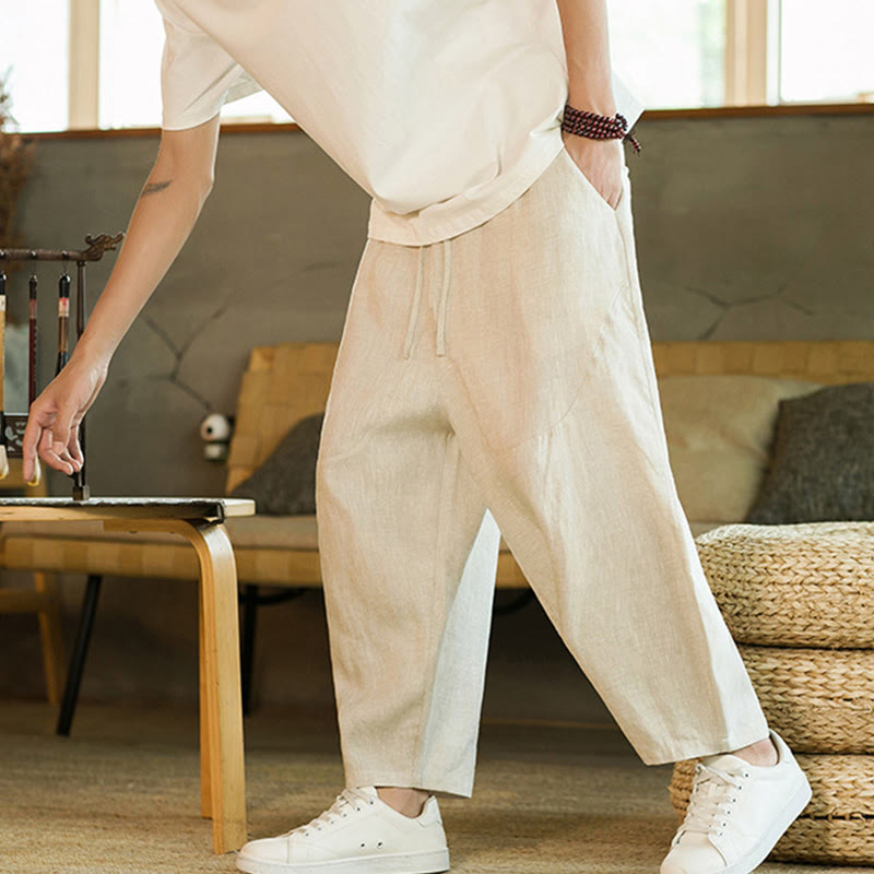 Buddha Stones Casual Retro Solid Color Simple Design Drawstring Men's Linen Elastic Waistband Harem Pants With Pockets - image 1