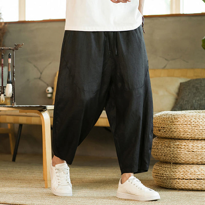 Buddha Stones Casual Retro Solid Color Simple Design Drawstring Men's Linen Elastic Waistband Harem Pants With Pockets - image 16