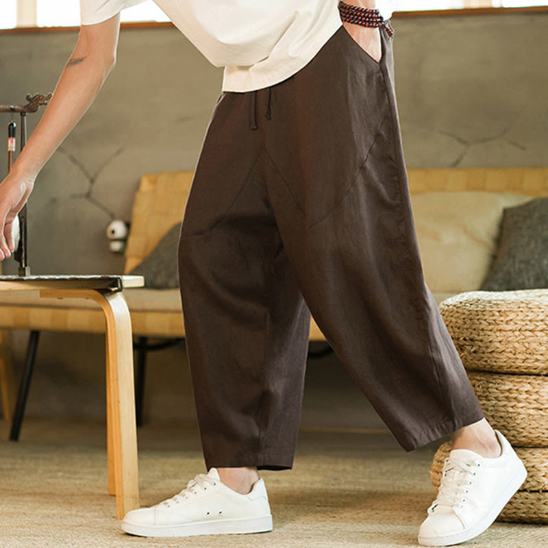 Buddha Stones Casual Retro Solid Color Simple Design Drawstring Men's Linen Elastic Waistband Harem Pants With Pockets - image 23