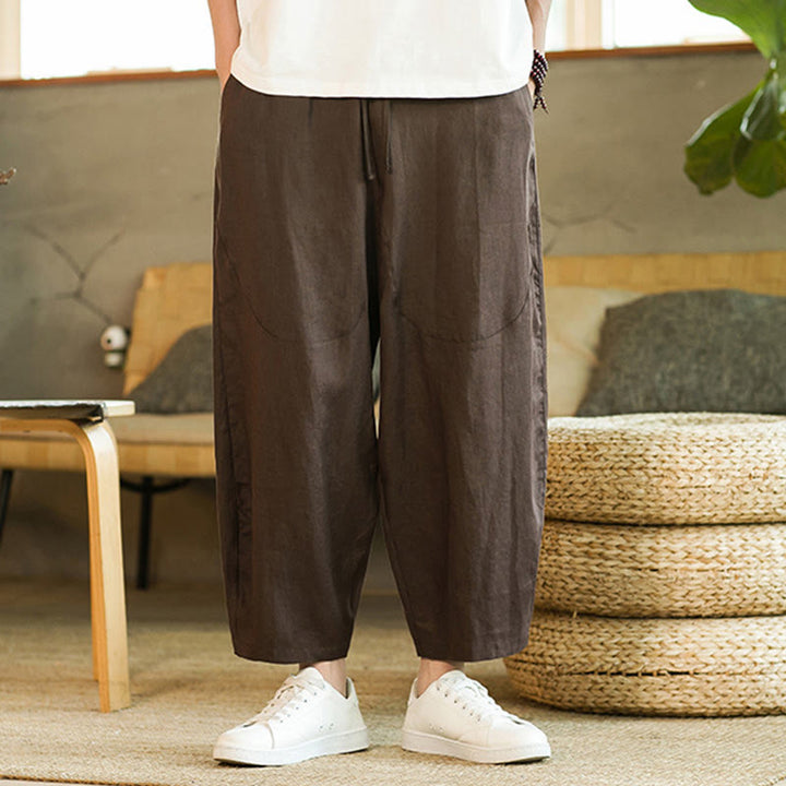 Buddha Stones Casual Retro Solid Color Simple Design Drawstring Men's Linen Elastic Waistband Harem Pants With Pockets - image 25