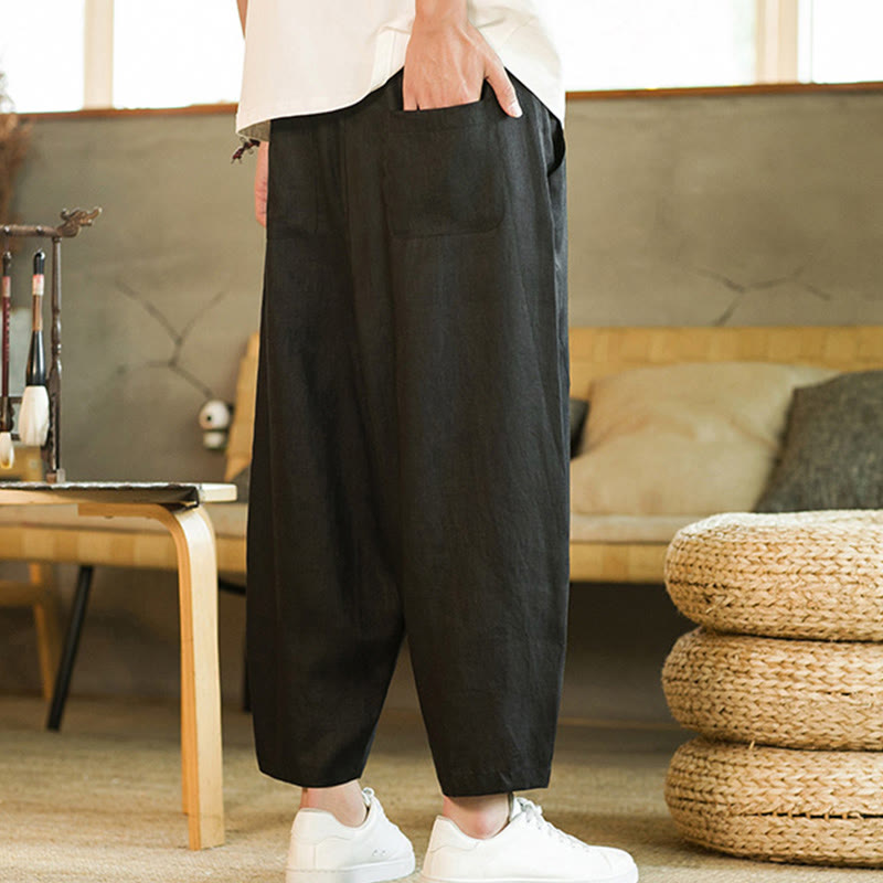 Buddha Stones Casual Retro Solid Color Simple Design Drawstring Men's Linen Elastic Waistband Harem Pants With Pockets - image 14