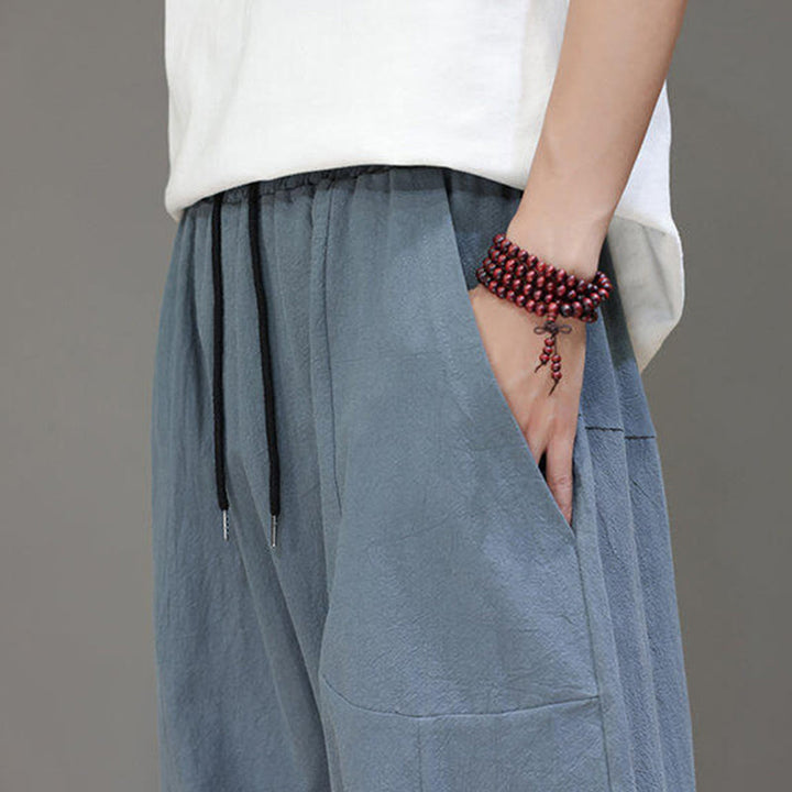 Buddha Stones Casual Plain Low Crotch Design Drawstring Men's Cotton Elastic Waistband Wide Leg Pants With Pockets - image 11