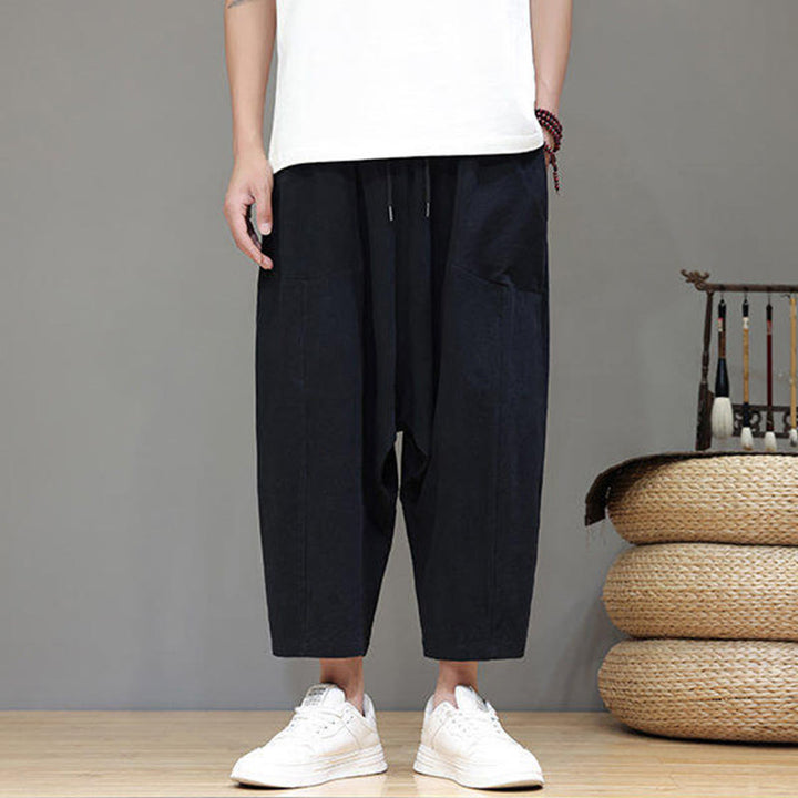 Buddha Stones Casual Plain Low Crotch Design Drawstring Men's Cotton Elastic Waistband Wide Leg Pants With Pockets - Black - US/UK/AU46，EU56 (5XL) - image 14