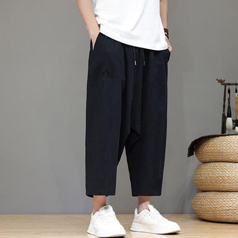 Buddha Stones Casual Plain Low Crotch Design Drawstring Men's Cotton Elastic Waistband Wide Leg Pants With Pockets - image 16