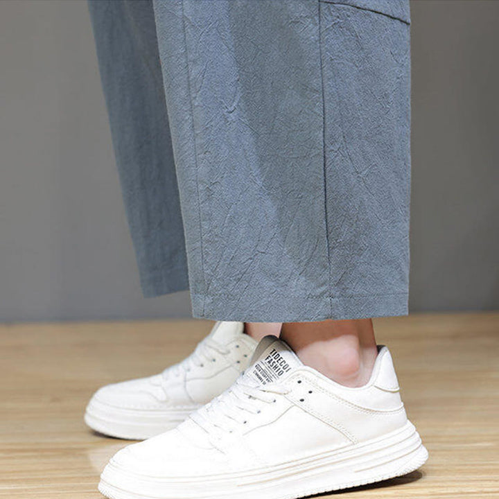 Buddha Stones Casual Plain Low Crotch Design Drawstring Men's Cotton Elastic Waistband Wide Leg Pants With Pockets - image 13
