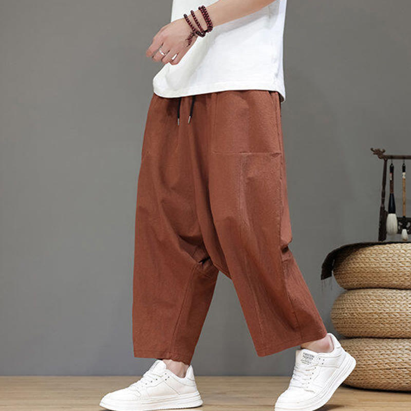 Buddha Stones Casual Plain Low Crotch Design Drawstring Men's Cotton Elastic Waistband Wide Leg Pants With Pockets - image 23