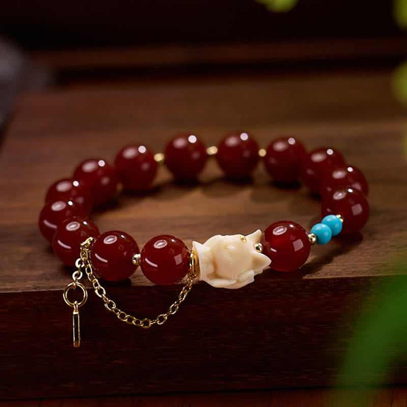 Buddha Stones Nine Tailed Fox Joy Red Agate Ivory Fruit Copper Plated Gold Confidence Bracelet - image 3