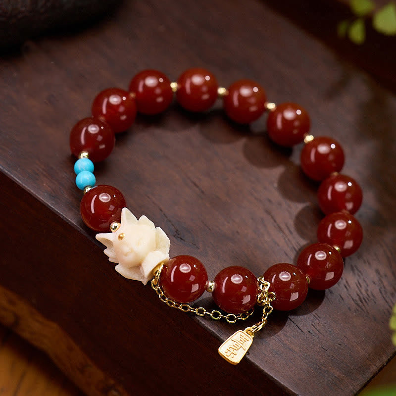 Buddha Stones Nine Tailed Fox Joy Red Agate Ivory Fruit Copper Plated Gold Confidence Bracelet - Red Agate(Wrist Circumference: 5.5-6.3in(14-16cm)) - image 0