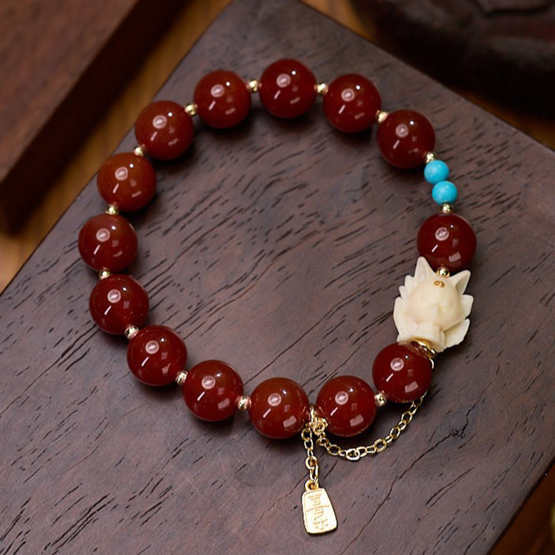 Buddha Stones Nine Tailed Fox Joy Red Agate Ivory Fruit Copper Plated Gold Confidence Bracelet - image 1