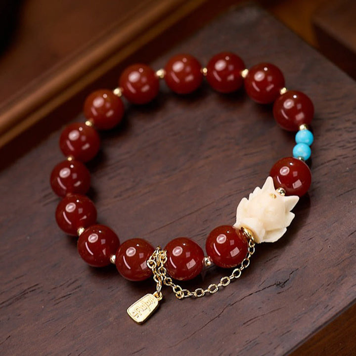 Buddha Stones Nine Tailed Fox Joy Red Agate Ivory Fruit Copper Plated Gold Confidence Bracelet - image 2