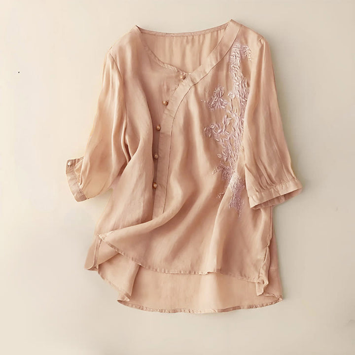 Buddha Stones Casual Loose Flower Embroidery Frog Button Short Sleeve Women's Shirt - Goldenrod - US14，UK/AU18，EU46 (4XL) - image 5