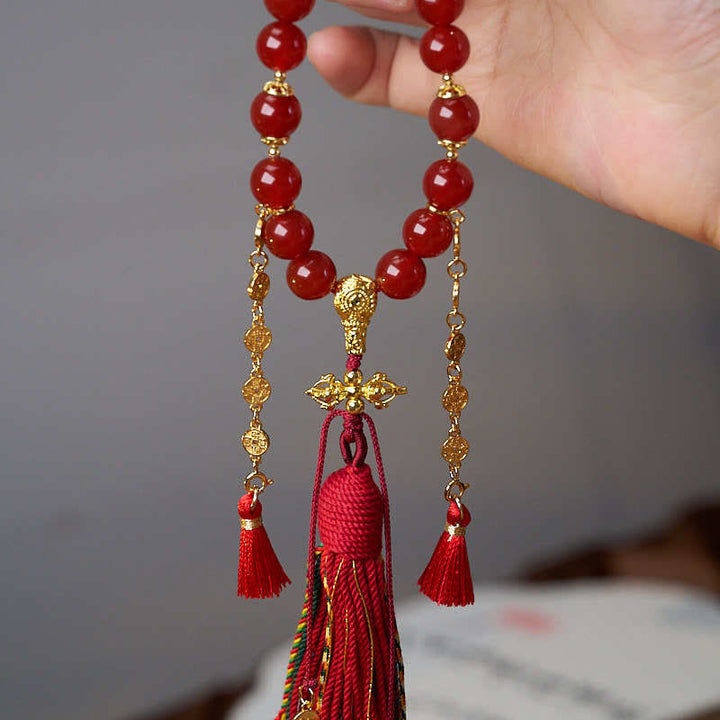 Buddha Stones 18 Beads Copper Coins Tibet Tassel Red Agate Calm Wrist Mala - image 3