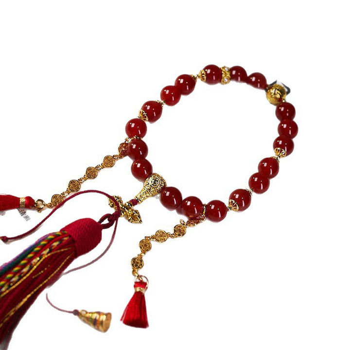 Buddha Stones 18 Beads Copper Coins Tibet Tassel Red Agate Calm Wrist Mala - image 7