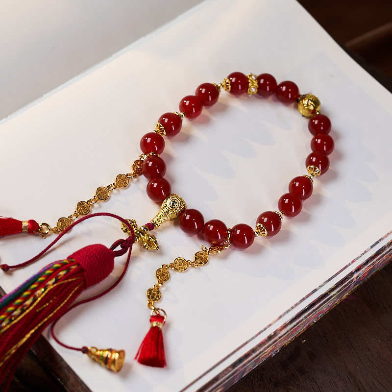 Buddha Stones 18 Beads Copper Coins Tibet Tassel Red Agate Calm Wrist Mala - image 2