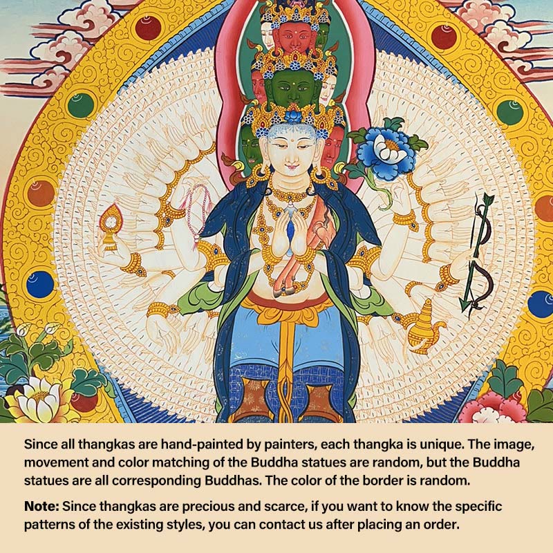 Buddha Stones Tibetan Thangka Painting Yellow God of Wealth Green Tara Avalokitesvara Handmade Decoration Blind Box(Random Style) - 27.56*21.6 in/70*55cm Thousand-armed Avalokitesvara(Random Thangka Style，Contact customer service to view available styles) - image 5