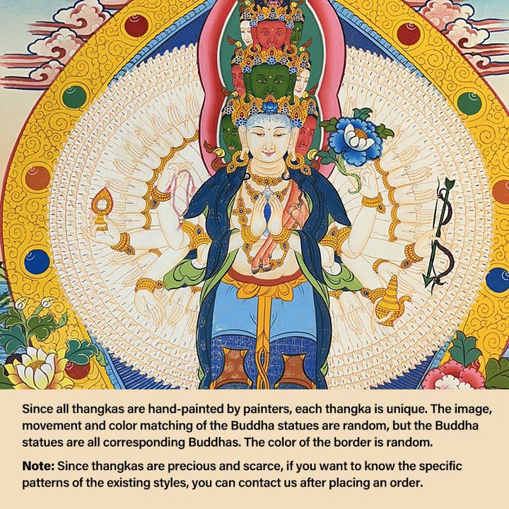 Buddha Stones Tibetan Thangka Painting Yellow God of Wealth Green Tara Avalokitesvara Handmade Decoration Blind Box(Random Style) - 27.56*21.6 in/70*55cm Thousand-armed Avalokitesvara(Random Thangka Style，Contact customer service to view available styles) - image 5