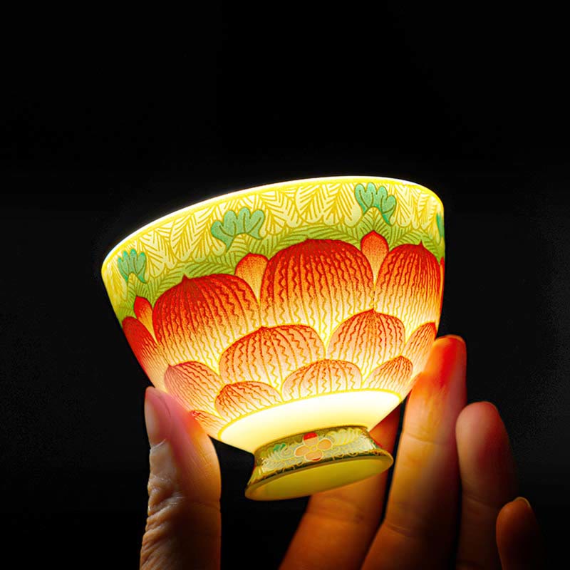 Buddha Stones Lotus Ceramic Teacup Flower Tea Cups 100ml - Orange - image 0