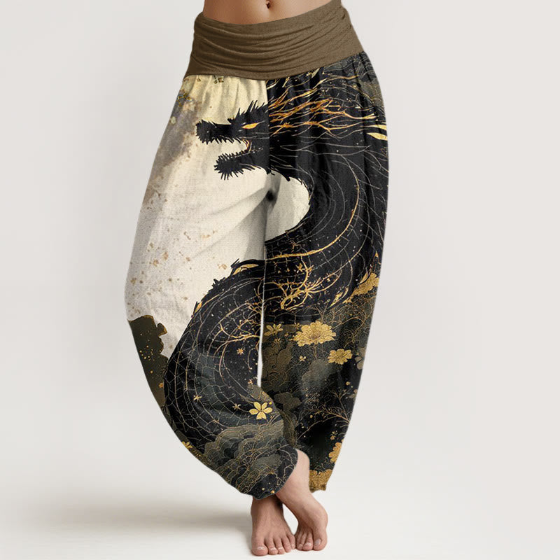 Buddha Stones Cotton Casual Dragon Ancient Tree Pattern Women's Elastic Waist Harem Pants - Black - US22，UK/AU26，EU54 (6XL) - image 0