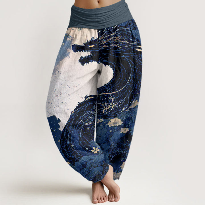 Buddha Stones Cotton Casual Dragon Ancient Tree Pattern Women's Elastic Waist Harem Pants - SteelBlue - US22，UK/AU26，EU54 (6XL) - image 7