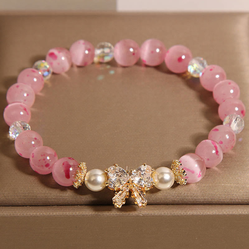 Buddha Stones Cherry Blossom Pink Cat's Eye Pearl Bow-knot Rosette Support Bracelet - Cat's Eye(Wrist Circumference 14-16cm) - image 0