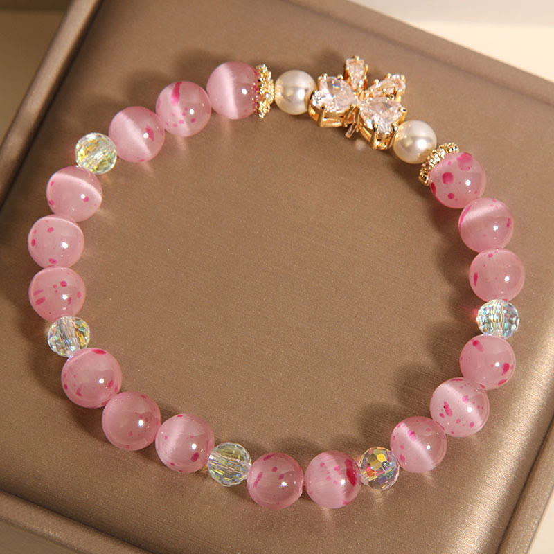 Buddha Stones Cherry Blossom Pink Cat's Eye Pearl Bow-knot Rosette Support Bracelet - image 2
