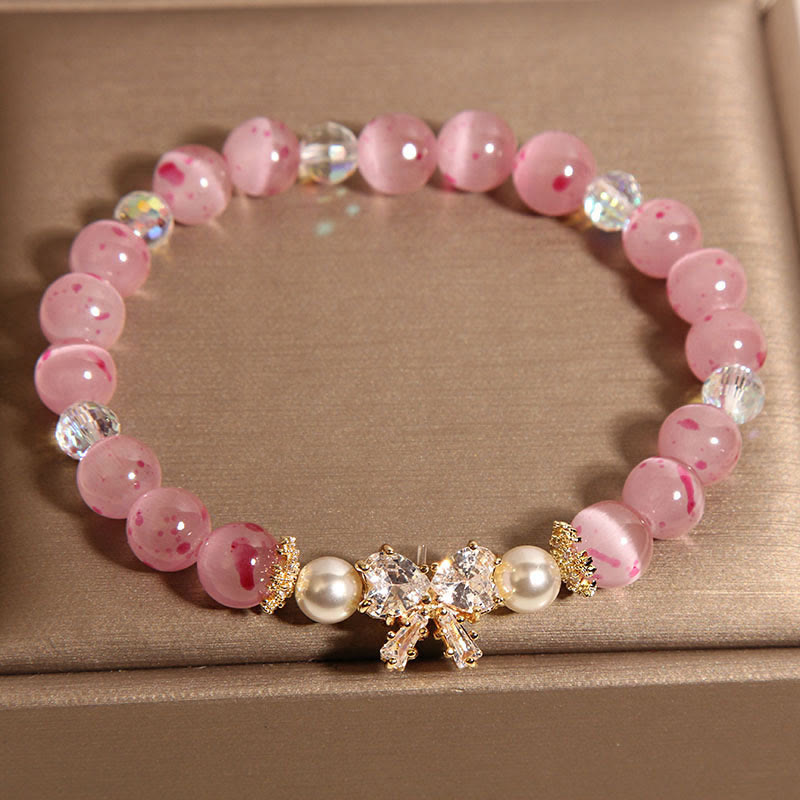 Buddha Stones Cherry Blossom Pink Cat's Eye Pearl Bow-knot Rosette Support Bracelet - image 4