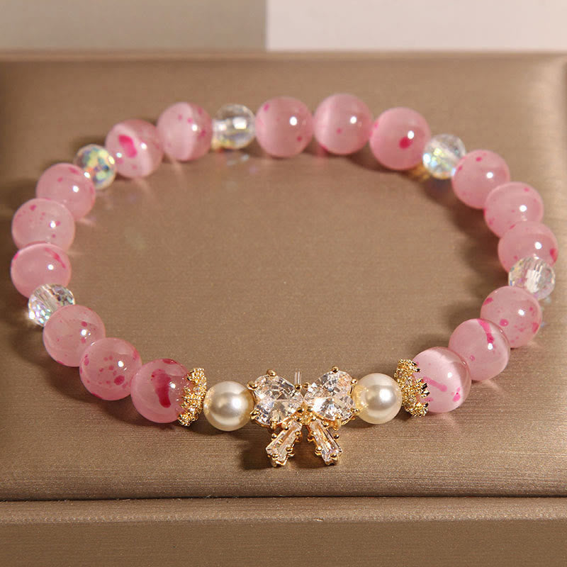 Buddha Stones Cherry Blossom Pink Cat's Eye Pearl Bow-knot Rosette Support Bracelet - image 3