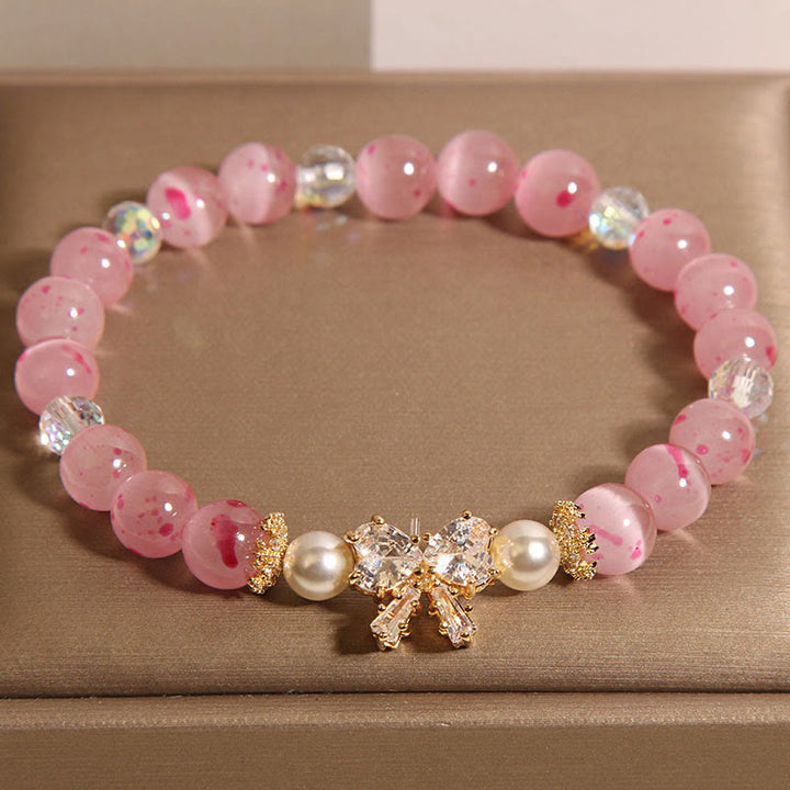 Buddha Stones Cherry Blossom Pink Cat's Eye Pearl Bow-knot Rosette Support Bracelet - image 3