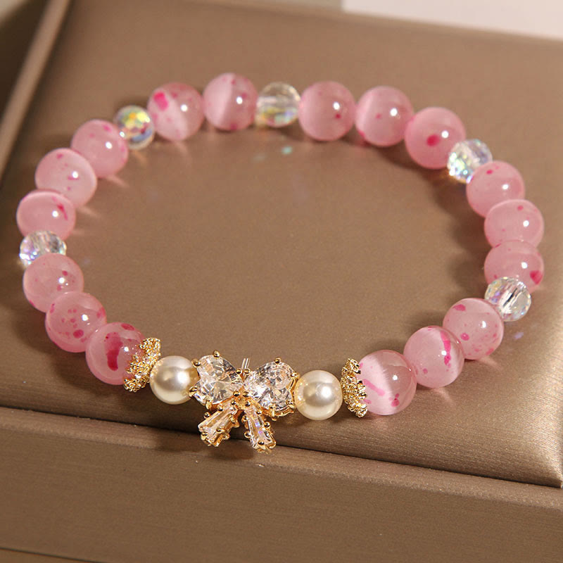 Buddha Stones Cherry Blossom Pink Cat's Eye Pearl Bow-knot Rosette Support Bracelet - image 1