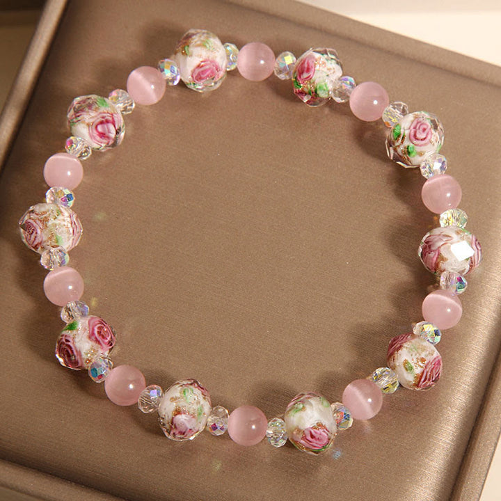 Buddha Stones Pink Crystal Liuli Glass Bead Cat's Eye Warmth Bracelet - image 4